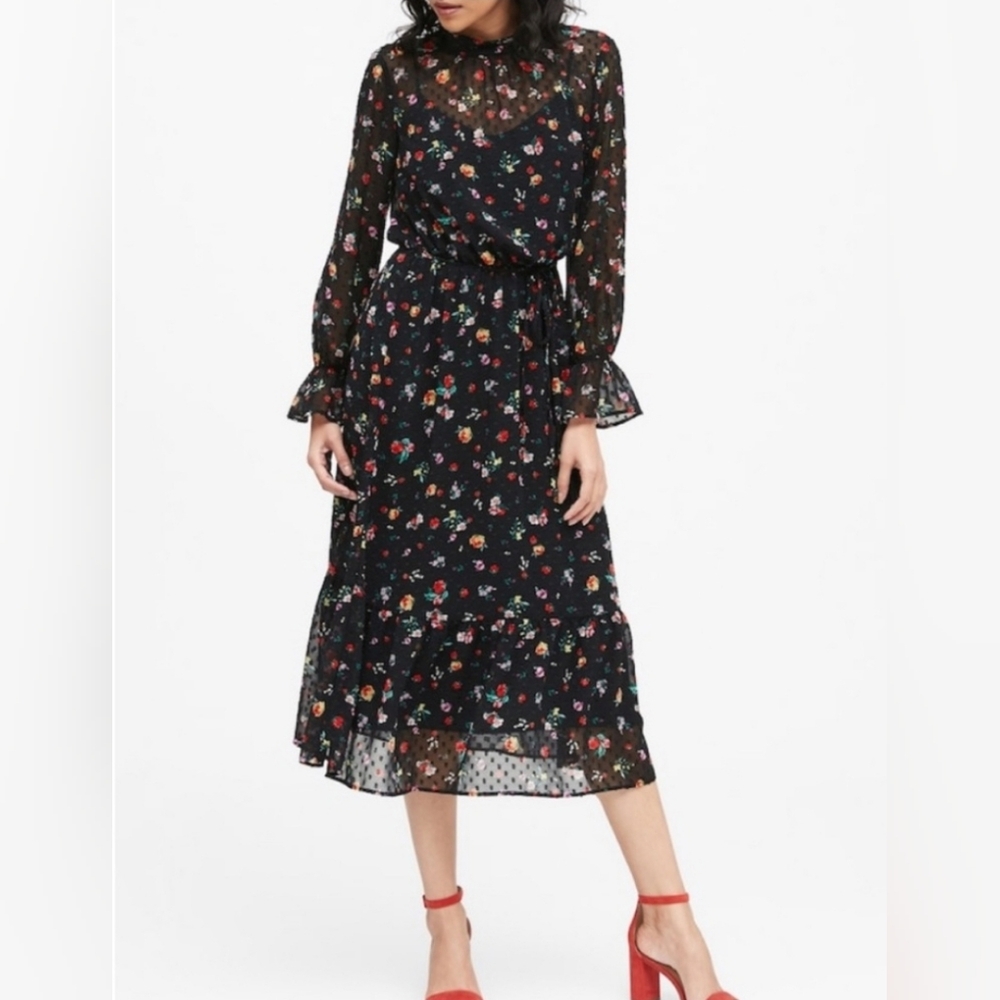 Banana Republic ClipDot Black Floral Chiffon Mock Neck Midi Dress Women's 2 - Picture 13 of 13